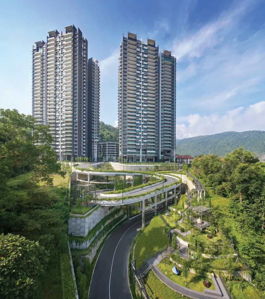 Alila 2, Tanjung Bungah, Penang: twin towers and hillside driveway, photo