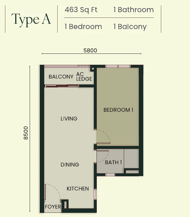 Bodaiju Residences Type A 1-bedroom floor plan