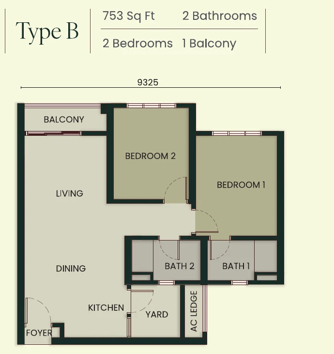 Bodaiju Residences Type B 2-bedroom floor plan