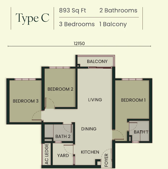 Bodaiju Residences Type C 3-bedroom floor plan