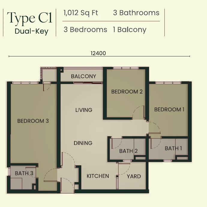 Bodaiju Residences Type C1 dual-key 3-bedroom floor plan