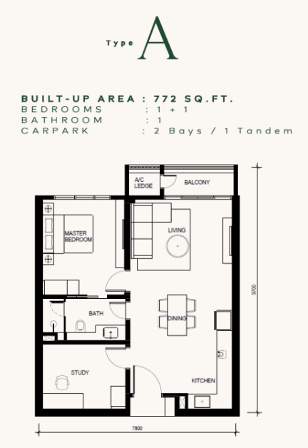 Khaya Residences floor plan Type A, 1+1 bedrooms 1 bathroom, 772 sq ft