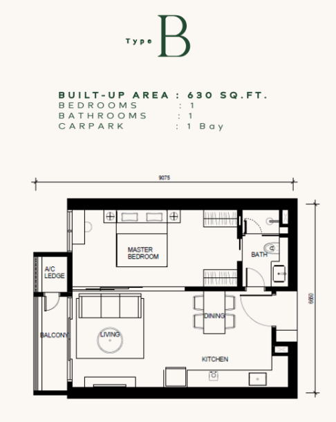 Khaya Residences floor plan Type B, 1 bedroom 1 bathroom, 630 sq ft