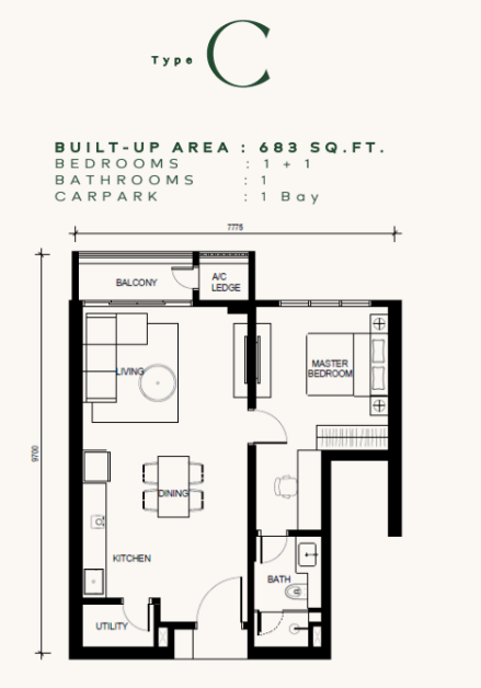 Khaya Residences floor plan Type C, 1+1 bedrooms 1 bathroom, 683 sq ft