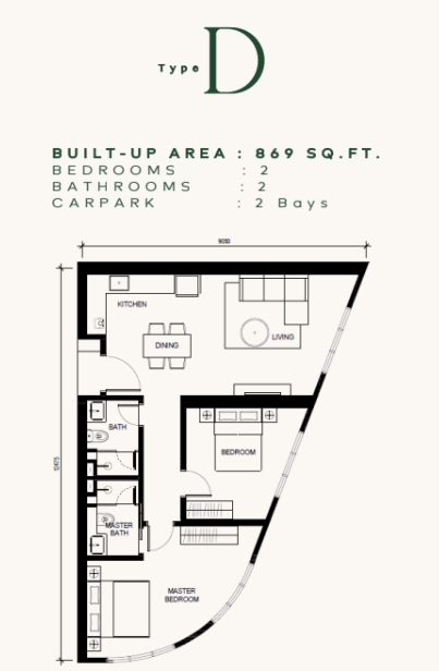 Khaya Residences floor plan Type D, 2 bedrooms 2 bathrooms, 869 sq ft