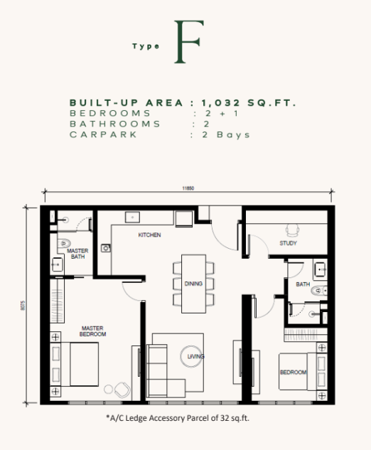 Khaya Residences floor plan Type F, 2+1 bedrooms 2 bathrooms, 1,032 sq ft
