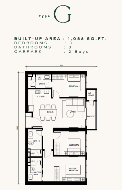 Khaya Residences floor plan Type G, 3 bedrooms 3 bathrooms, 1,086 sq ft