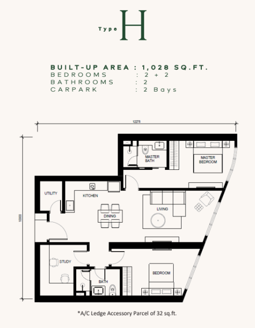 Khaya Residences floor plan Type H, 2+2 bedrooms 2 bathrooms, 1,028 sq ft
