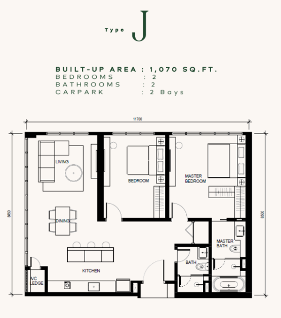 Khaya Residences floor plan Type J, 2 bedrooms 2 bathrooms, 1,070 sq ft