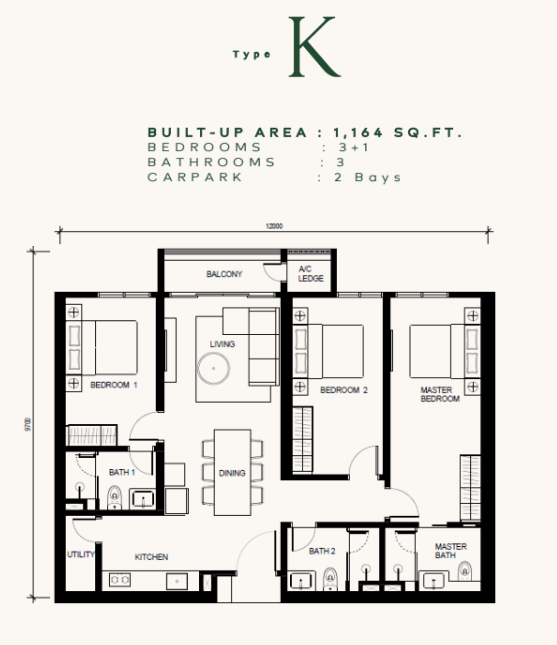 Khaya Residences floor plan Type K, 3+1 bedrooms 3 bathrooms, 1,164 sq ft
