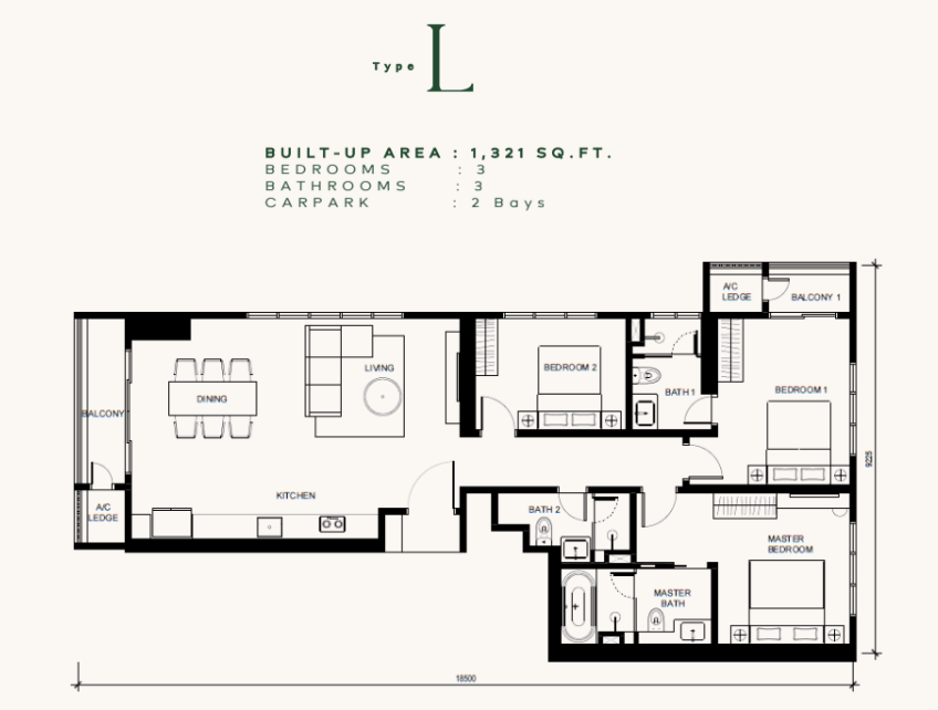 Khaya Residences floor plan Type L, 3 bedrooms 3 bathrooms, 1,321 sq ft
