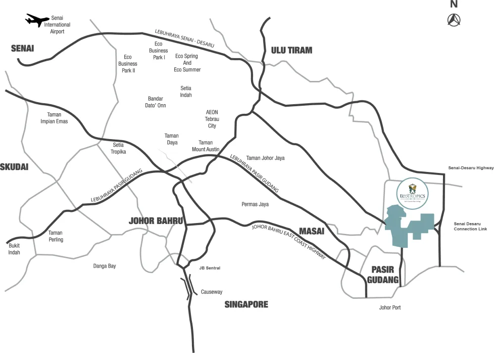 Location map of Kota Masai, Pasir Gudang, with road links to Johor Bahru and the Senai-Desaru Expressway