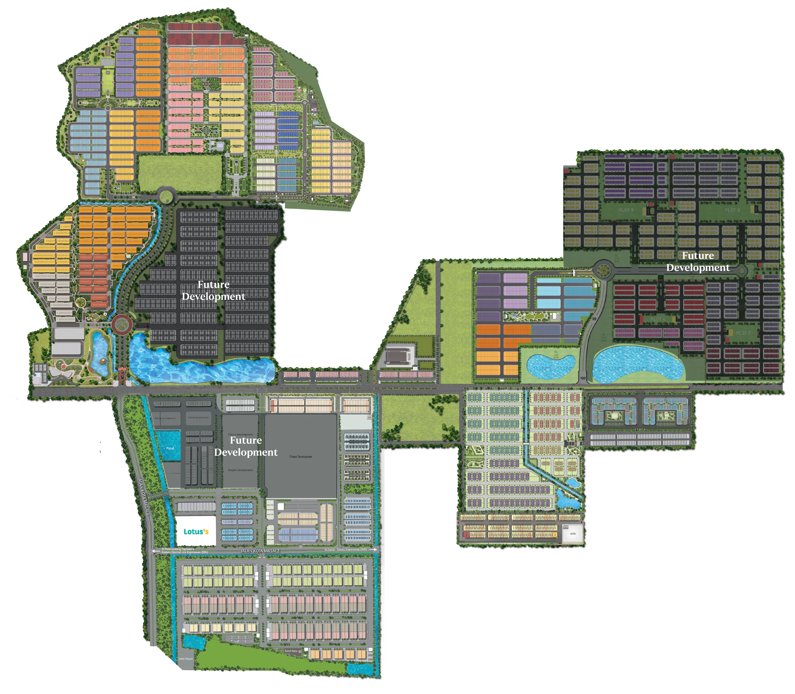 Township master plan of Kota Masai, Pasir Gudang, showing landed precincts, lakes and shop rows