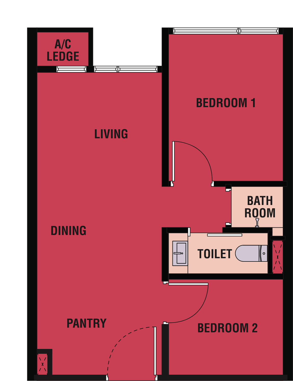 Kyliez Suites KL floor plan Type A, 2 bedrooms 1 bathroom, 484 sq ft
