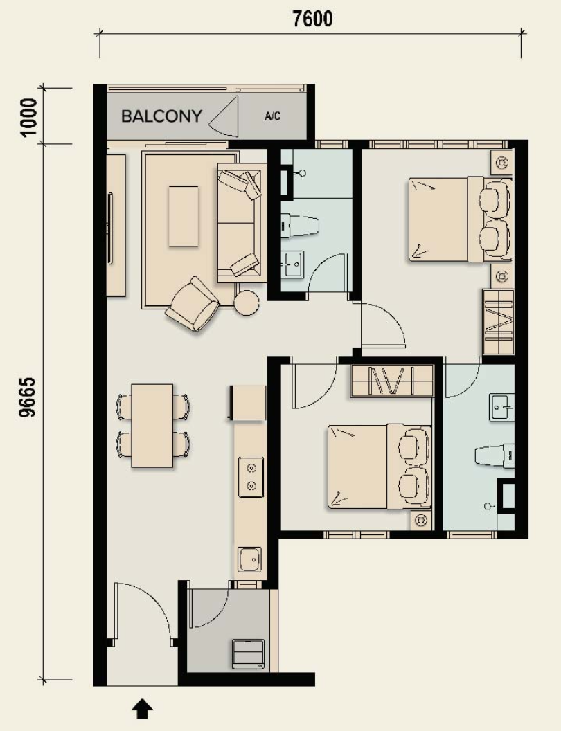 M Aspira floor plan Type A, 2 bedrooms 2 bathrooms, 706 sq ft