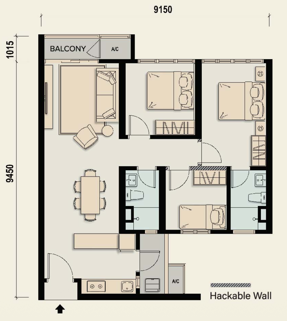 M Aspira floor plan Type B, 3 bedrooms 2 bathrooms, 855 sq ft