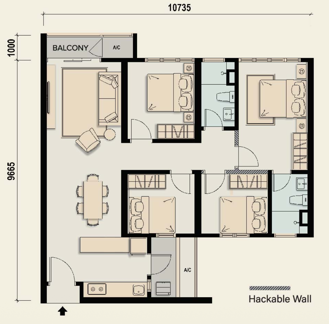 M Aspira floor plan Type C, 4 bedrooms 2 bathrooms, 1,006 sq ft