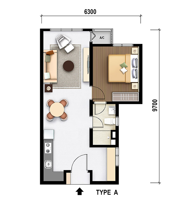 M Aurora Old Klang Road floor plan Type A, 1+1 bedrooms 1 bathrooms, 556 sq ft