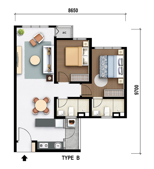 M Aurora Old Klang Road floor plan Type B, 2 bedrooms 2 bathrooms, 737 sq ft
