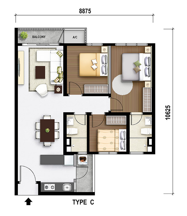 M Aurora Old Klang Road floor plan Type C, 3 bedrooms 2 bathrooms, 858 sq ft