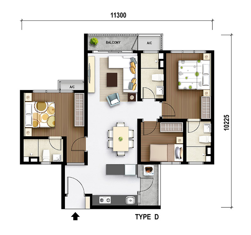 M Aurora Old Klang Road floor plan Type D, 3 bedrooms 3 bathrooms, 916 sq ft