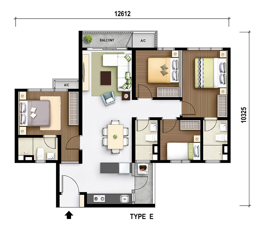 M Aurora Old Klang Road floor plan Type E, 4 bedrooms 3 bathrooms, 1,019 sq ft