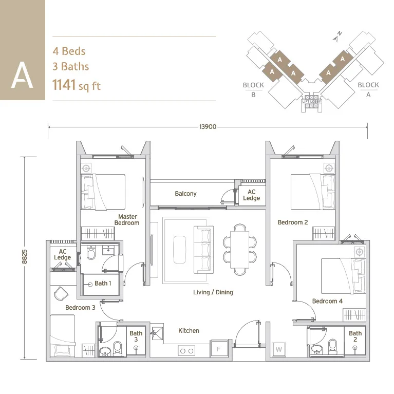 Papyrus North Kiara floor plan Type A, 4 bedrooms 3 bathrooms, 1,141 sq ft