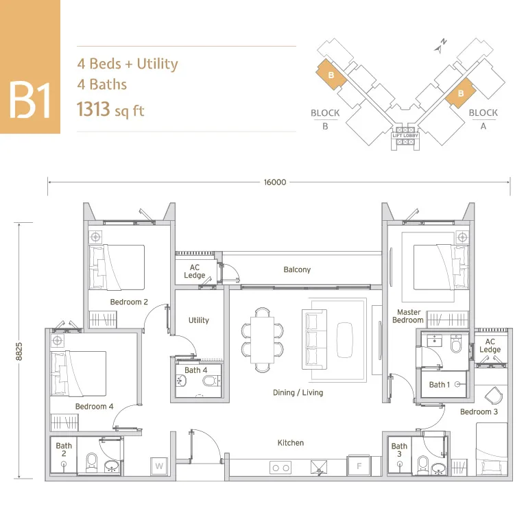 Papyrus North Kiara floor plan Type B1, 4+1 bedrooms 4 bathrooms, 1,313 sq ft