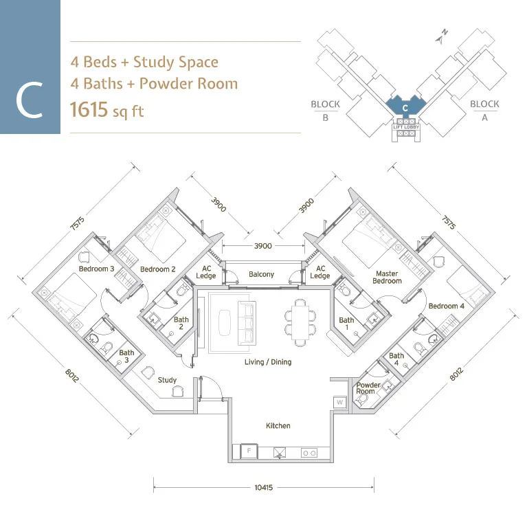 Papyrus North Kiara floor plan Type C, 4+1 bedrooms 4+1 bathrooms, 1,615 sq ft