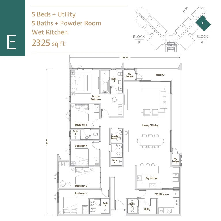 Papyrus North Kiara floor plan Type E, 5+1 bedrooms 5+1 bathrooms, 2,325 sq ft