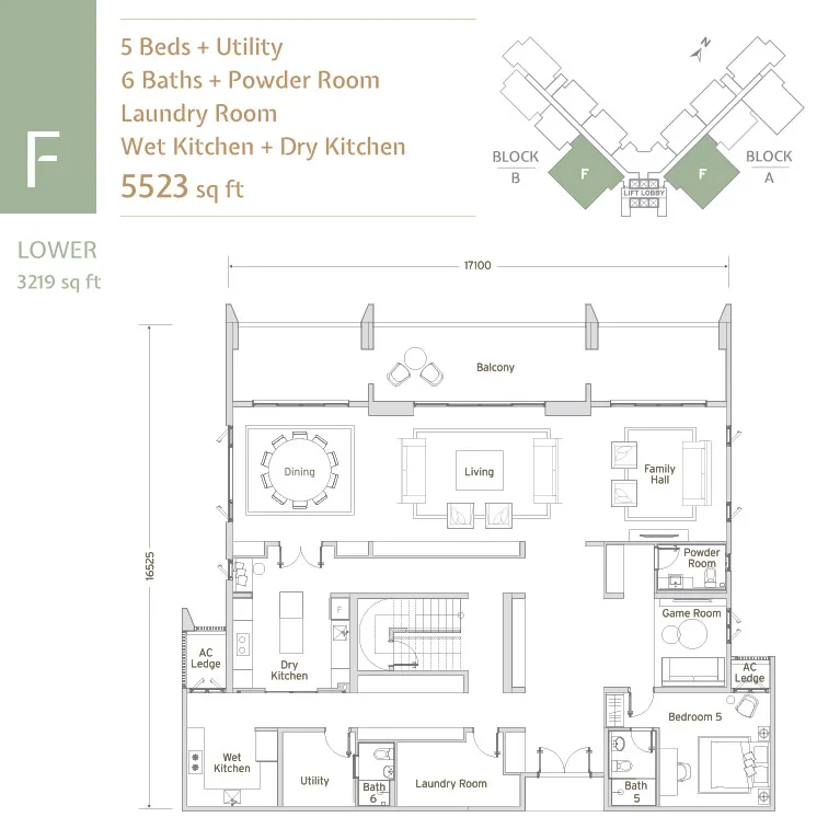 Papyrus North Kiara floor plan Type F (duplex, lower level), 5+1 bedrooms 6+1 bathrooms, 5,523 sq ft