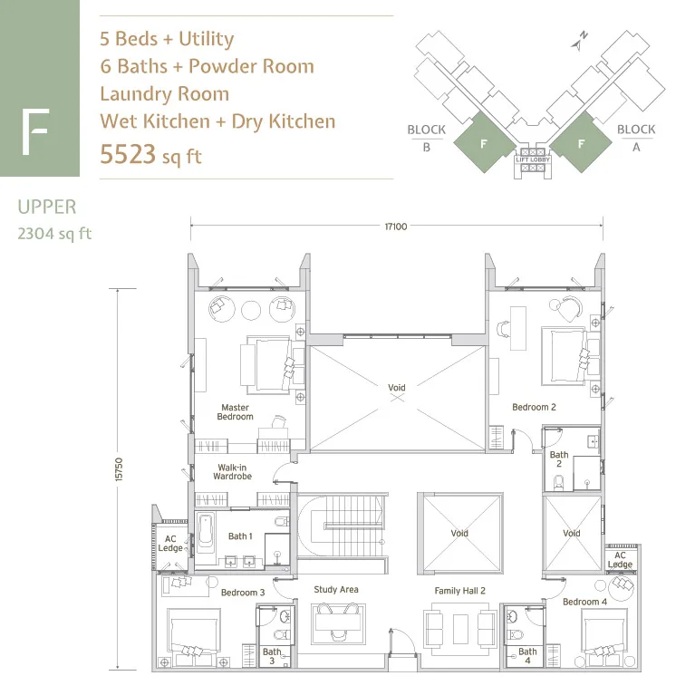 Papyrus North Kiara floor plan Type F (duplex, upper level), 5+1 bedrooms 6+1 bathrooms, 5,523 sq ft