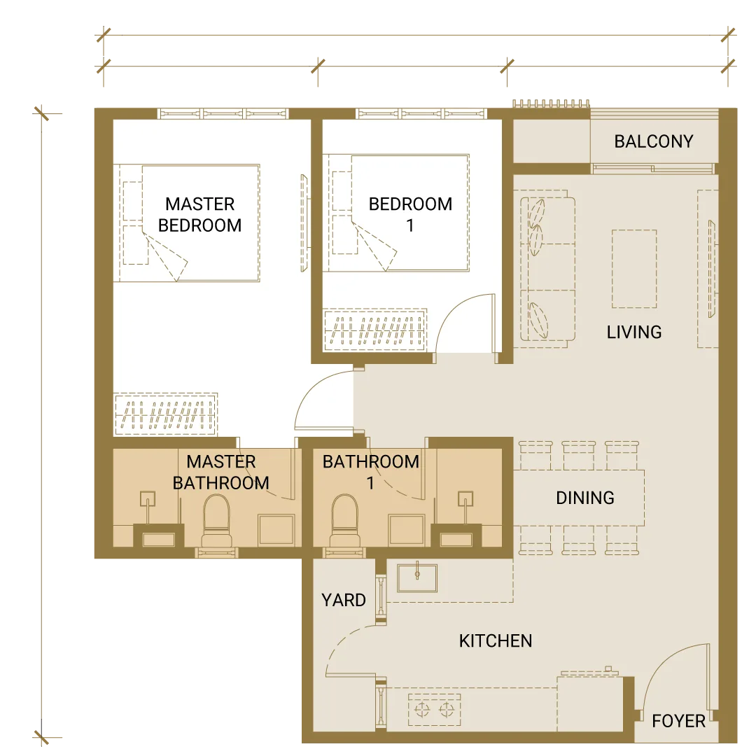 Quartz @ Queensville floor plan Type A, 2 bedrooms 2 bathrooms, 702 sq ft