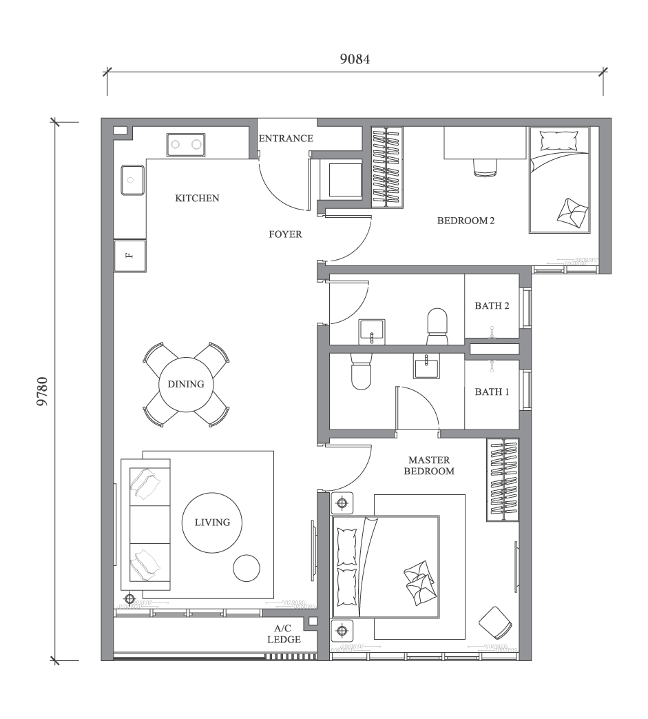River Park @ Bangsar South floor plan Type A1, 2 bedrooms, 2 bathrooms, 812 sq ft
