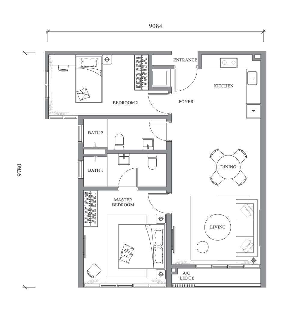 River Park @ Bangsar South floor plan Type A2, 2 bedrooms, 2 bathrooms, 812 sq ft