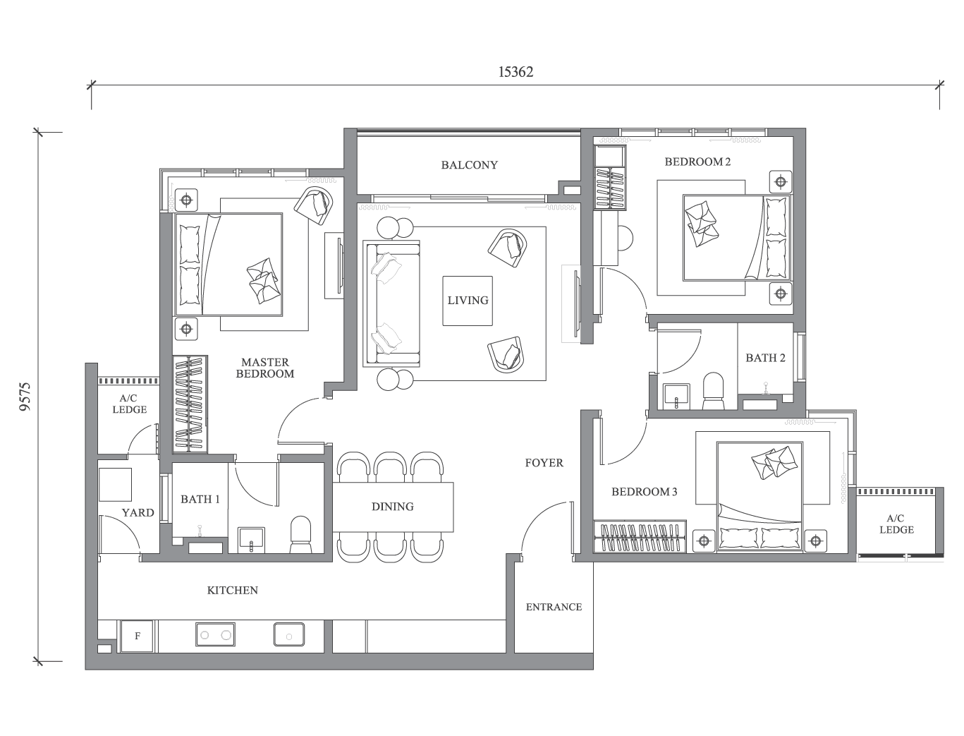 River Park @ Bangsar South floor plan Type B, 3 bedrooms, 2 bathrooms, 1,180 sq ft