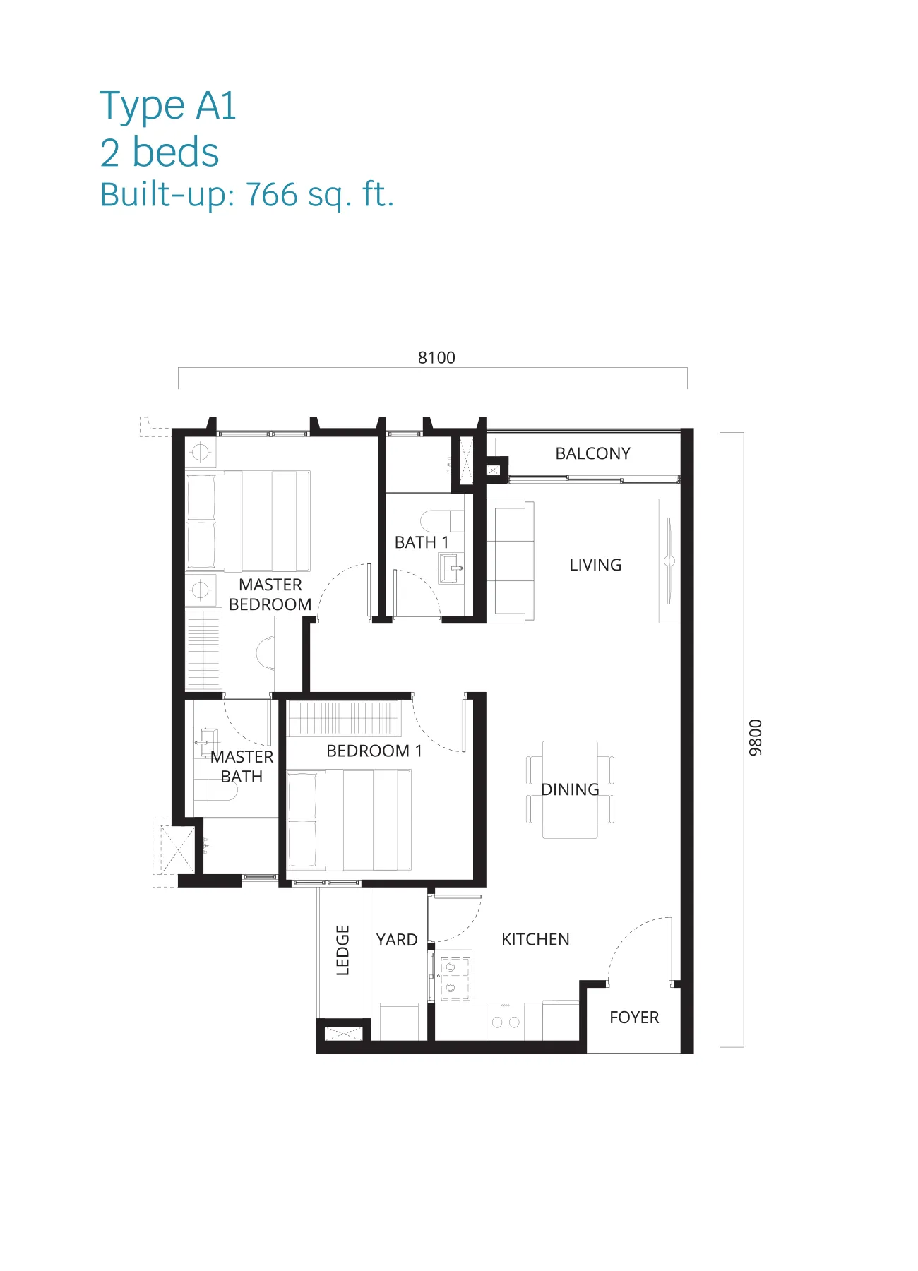 Stellaris @ Riana Dutamas floor plan Type A1, 2 bedrooms 2 bathrooms, 766 sq ft