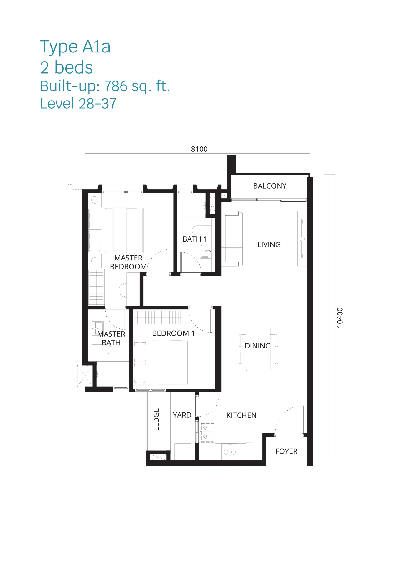 Stellaris @ Riana Dutamas floor plan Type A1a, 2 bedrooms, 786 sq ft