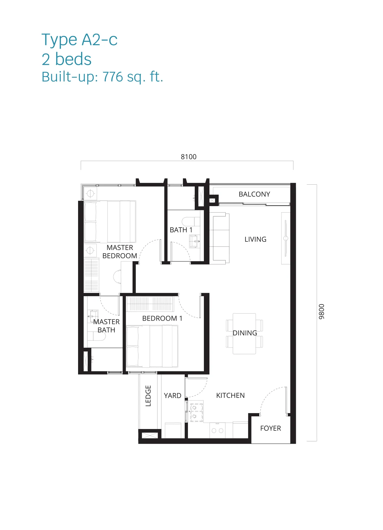 Stellaris @ Riana Dutamas floor plan Type A2-c, 2 bedrooms 2 bathrooms, 776 sq ft