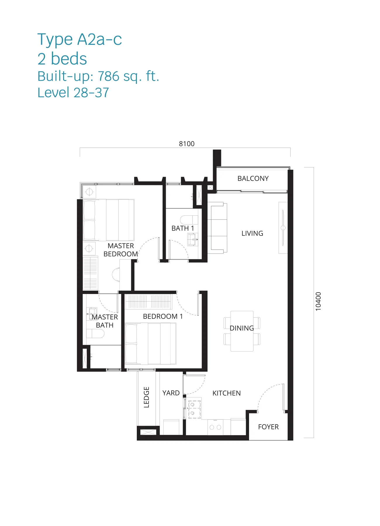 Stellaris @ Riana Dutamas floor plan Type A2a-c, 2 bedrooms, 786 sq ft