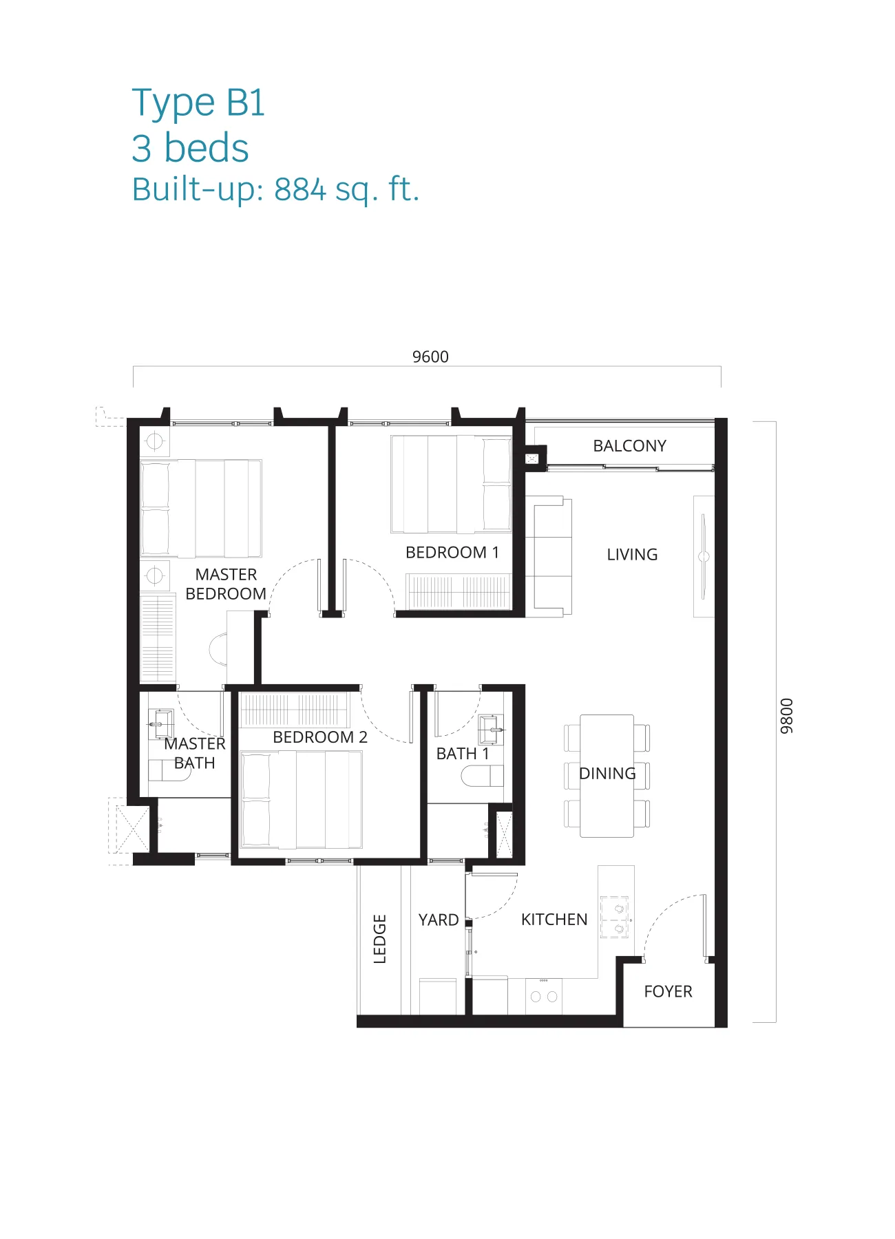 Stellaris @ Riana Dutamas floor plan Type B1, 3 bedrooms, 884 sq ft