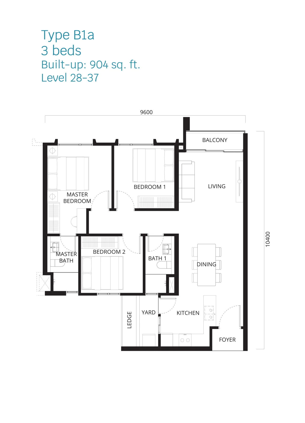 Stellaris @ Riana Dutamas floor plan Type B1a, 3 bedrooms, 904 sq ft