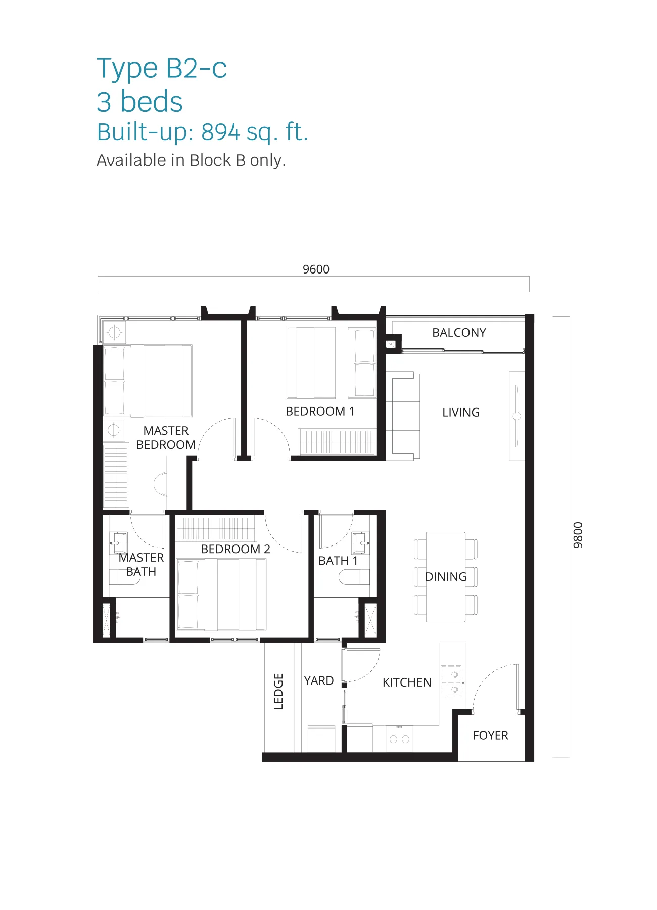 Stellaris @ Riana Dutamas floor plan Type B2-c, 3 bedrooms, 894 sq ft