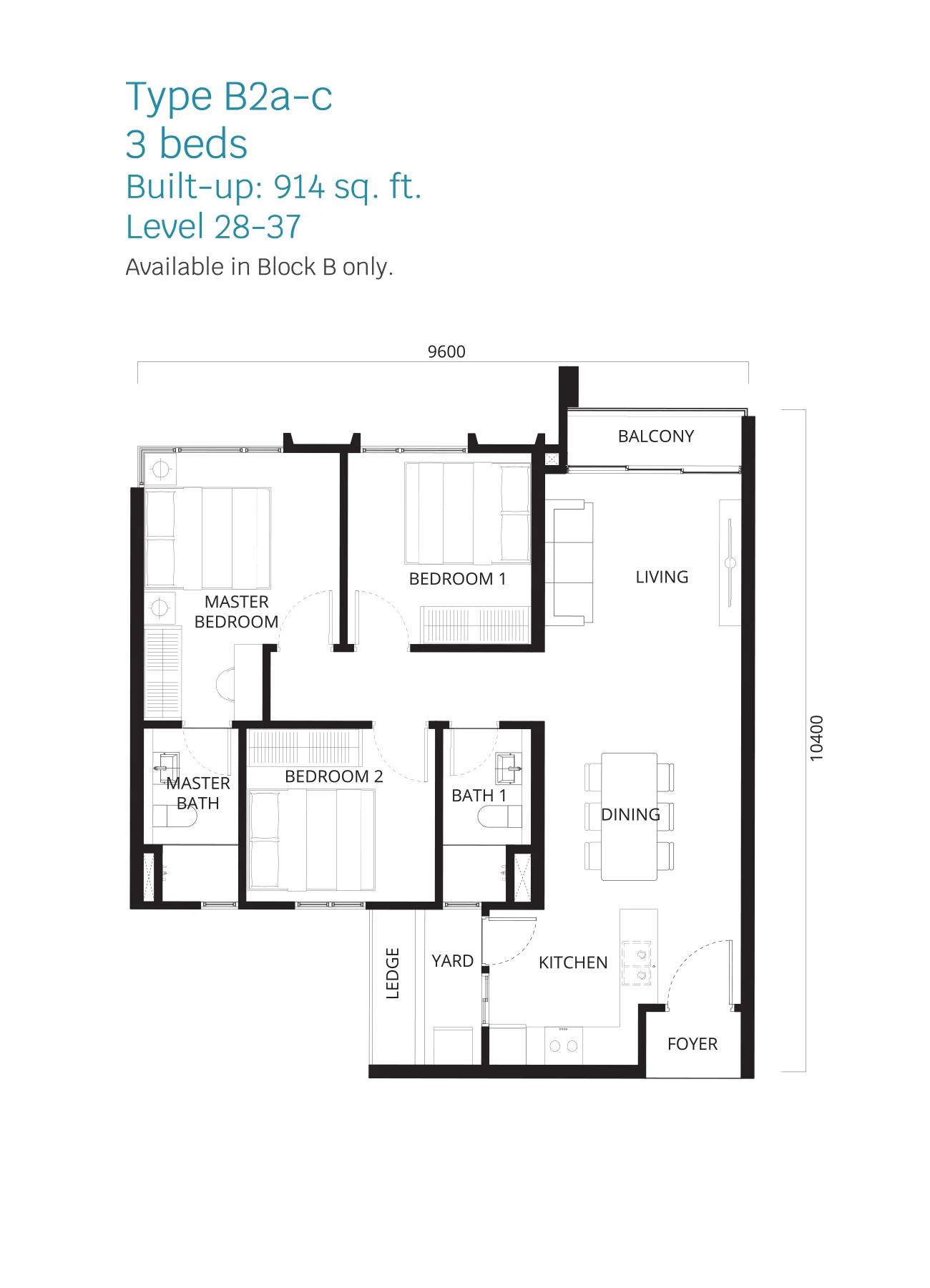Stellaris @ Riana Dutamas floor plan Type B2a-c, 3 bedrooms, 914 sq ft