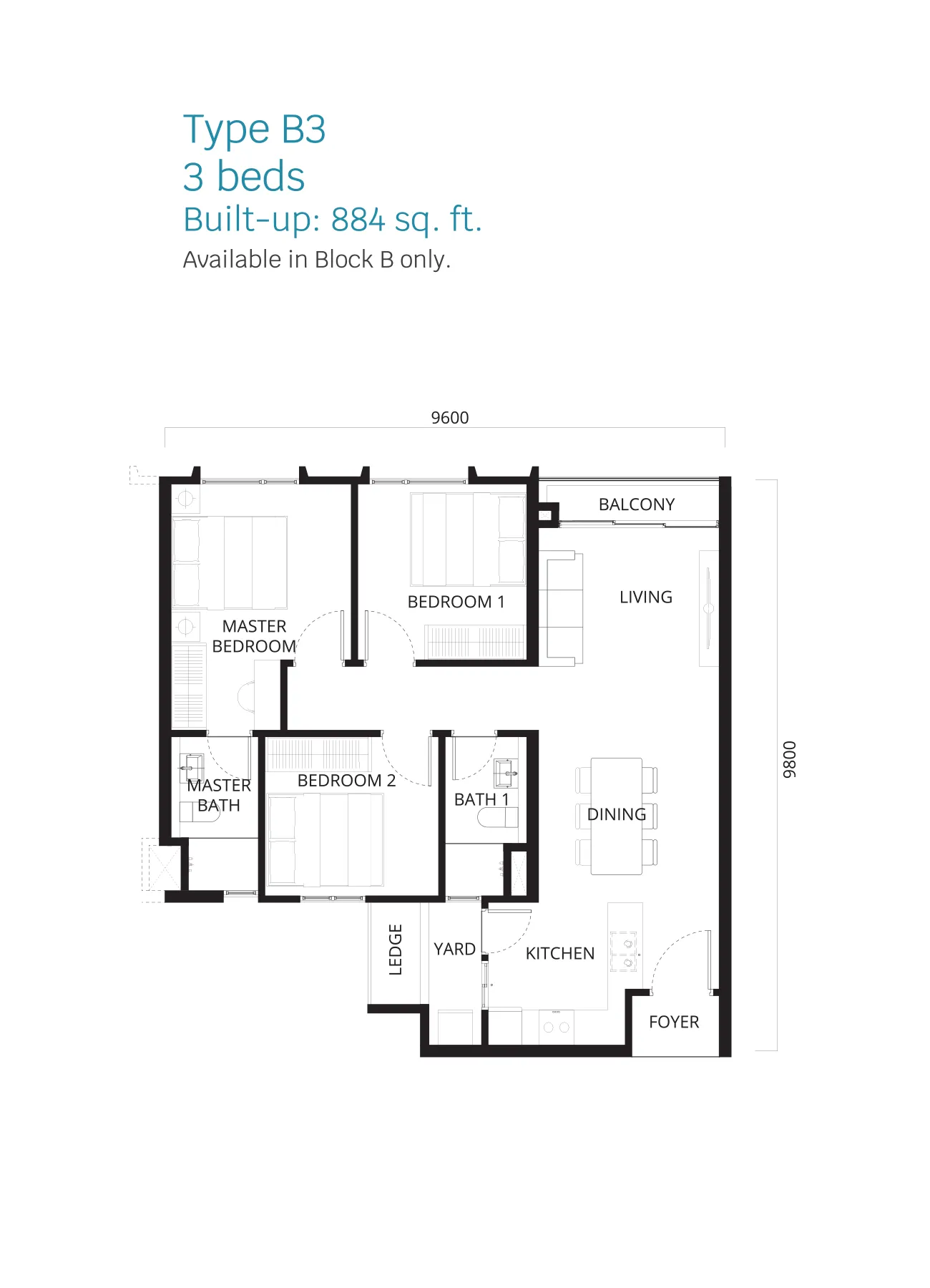 Stellaris @ Riana Dutamas floor plan Type B3, 3 bedrooms, 884 sq ft