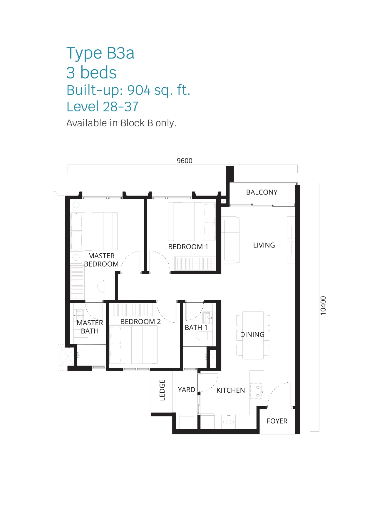 Stellaris @ Riana Dutamas floor plan Type B3a, 3 bedrooms, 904 sq ft