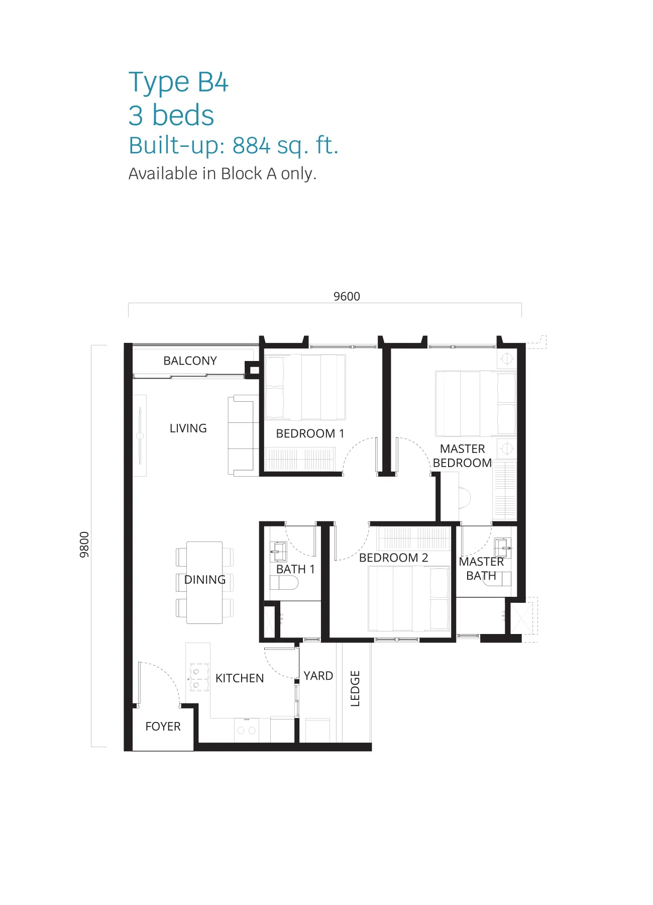 Stellaris @ Riana Dutamas floor plan Type B4, 3 bedrooms, 884 sq ft