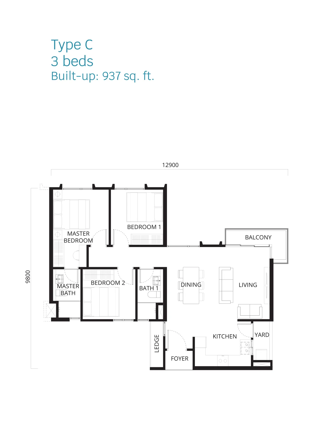 Stellaris @ Riana Dutamas floor plan Type C, 3 bedrooms, 937 sq ft