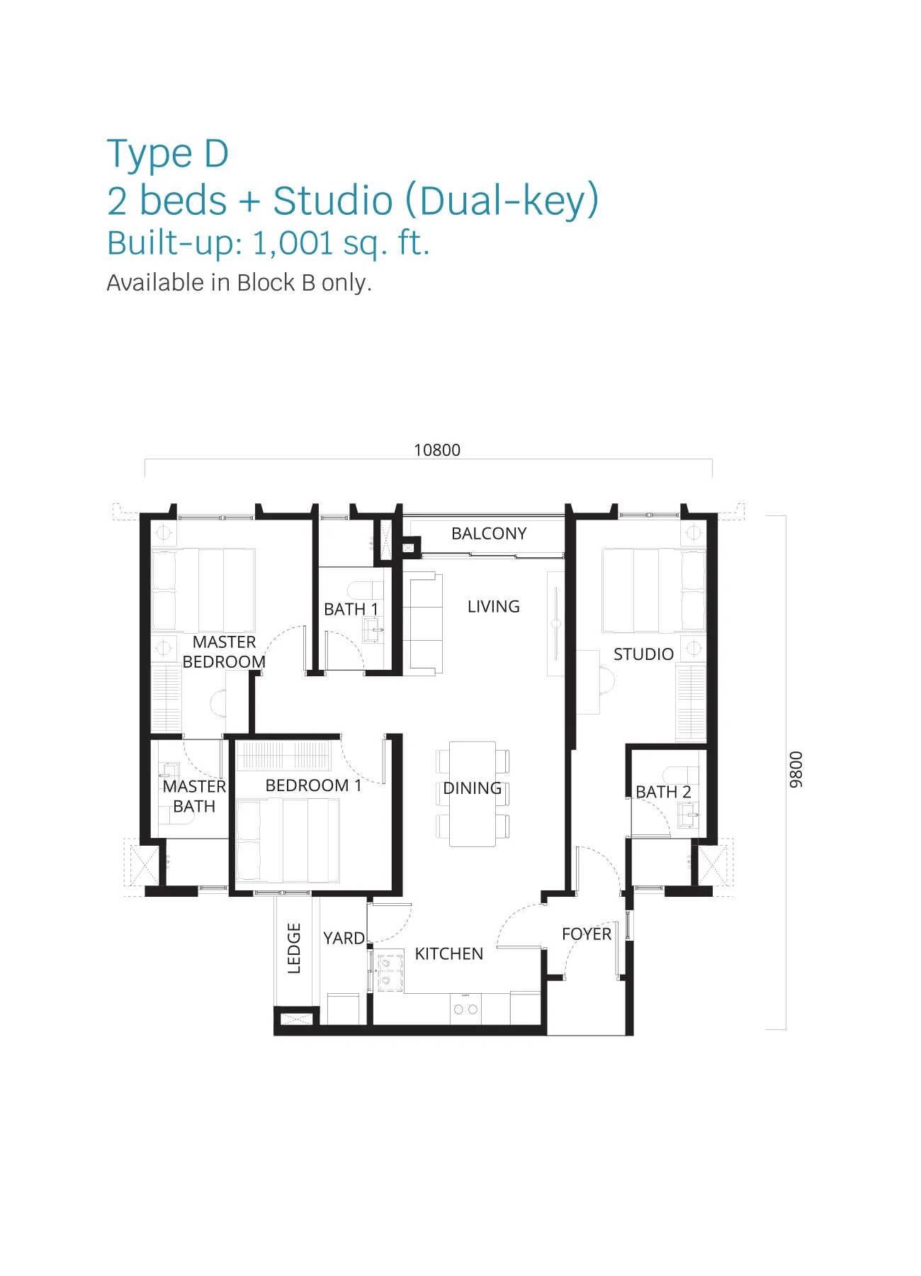 Stellaris @ Riana Dutamas floor plan Type D, 2 bedrooms + studio (dual key), 1,001 sq ft