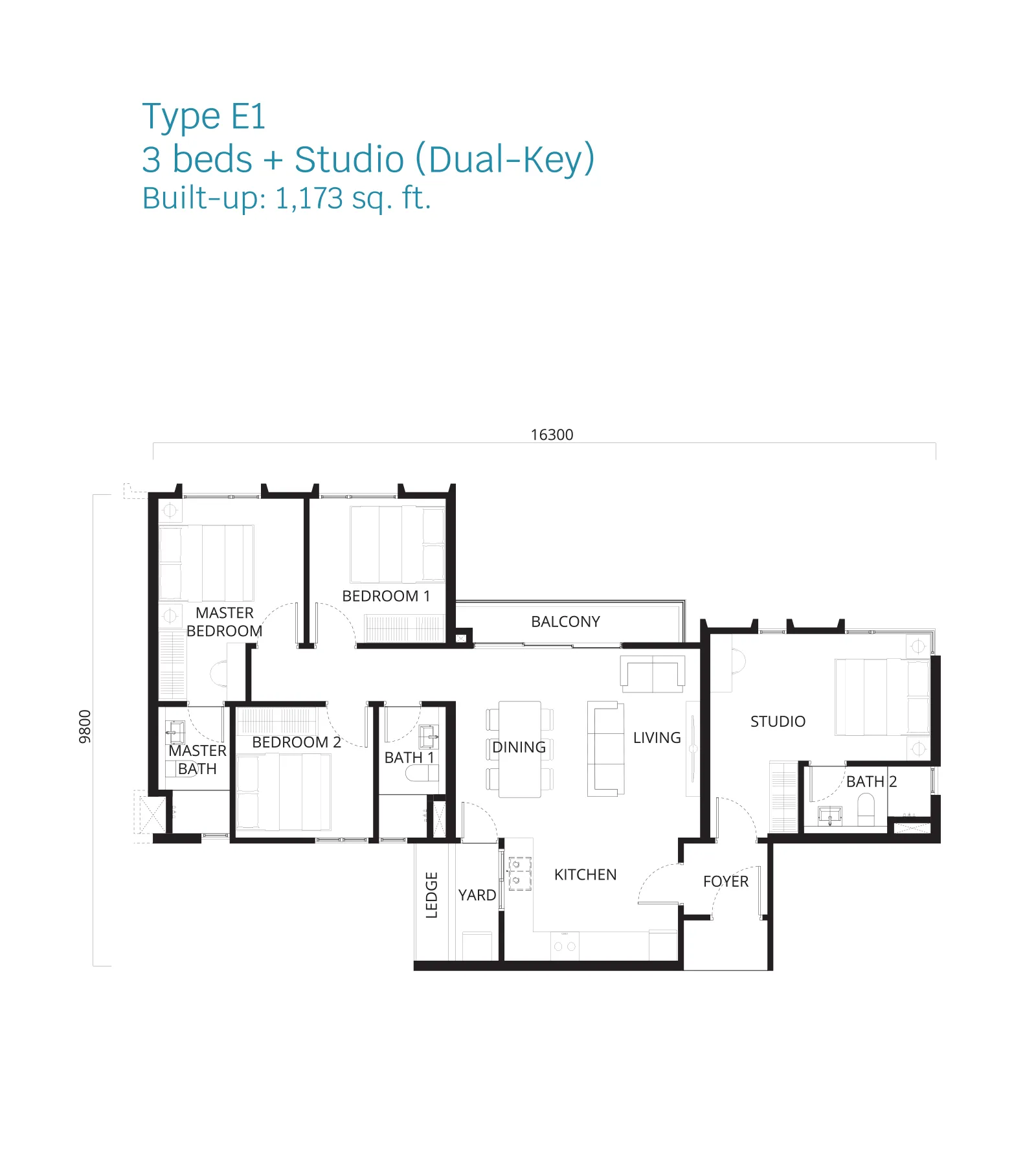 Stellaris @ Riana Dutamas floor plan Type E1, 3 bedrooms + studio (dual key), 1,173 sq ft